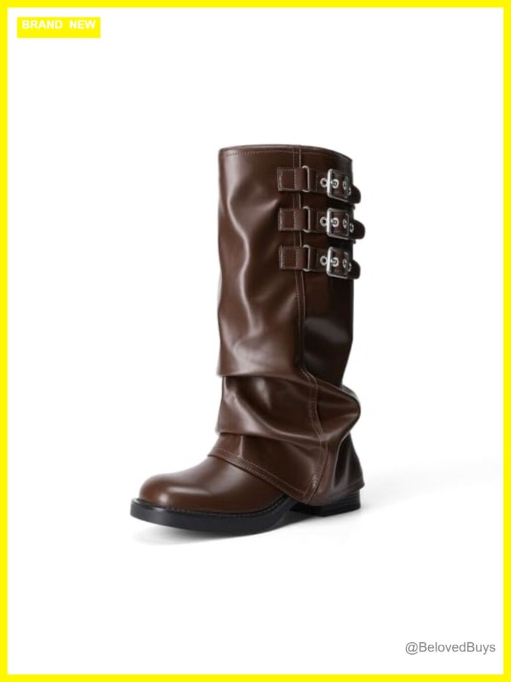 Faux Leather Fold-Over Knee High Boots Square Toe Buckle Moto Womens